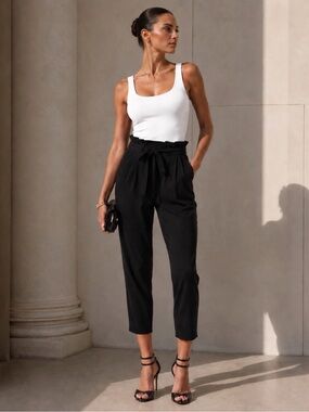 Ramy Brook Black Satin Cargo Pants Paperbag Waist Tie Belt Small